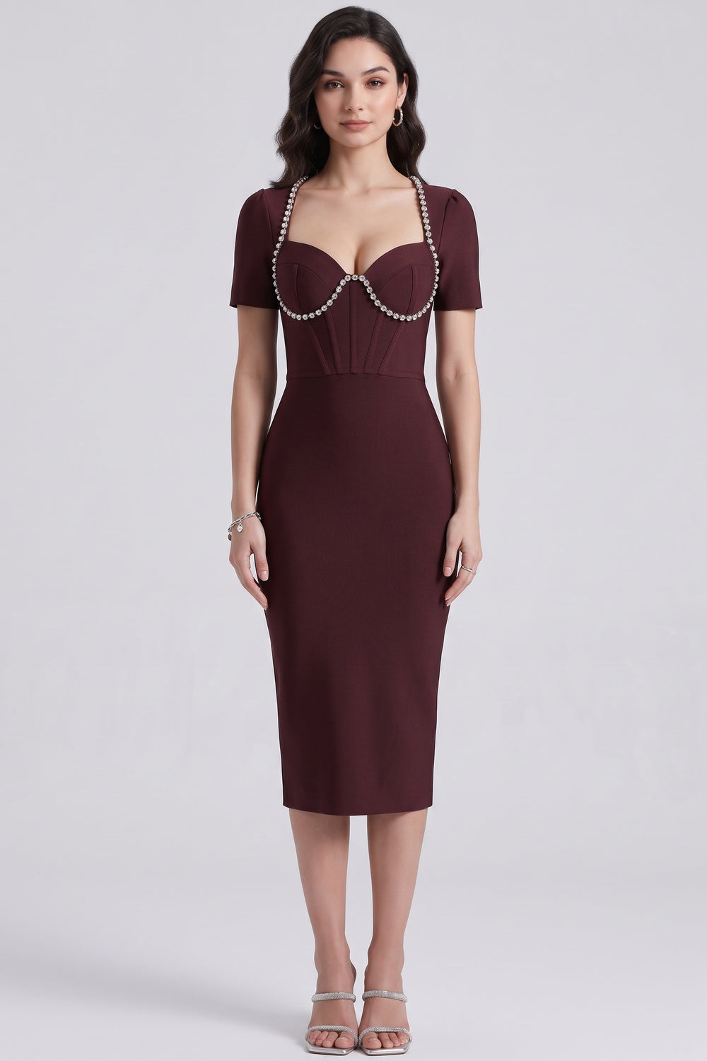 BURGUNDY BANDAGE BODYCON SHEATH DRESS