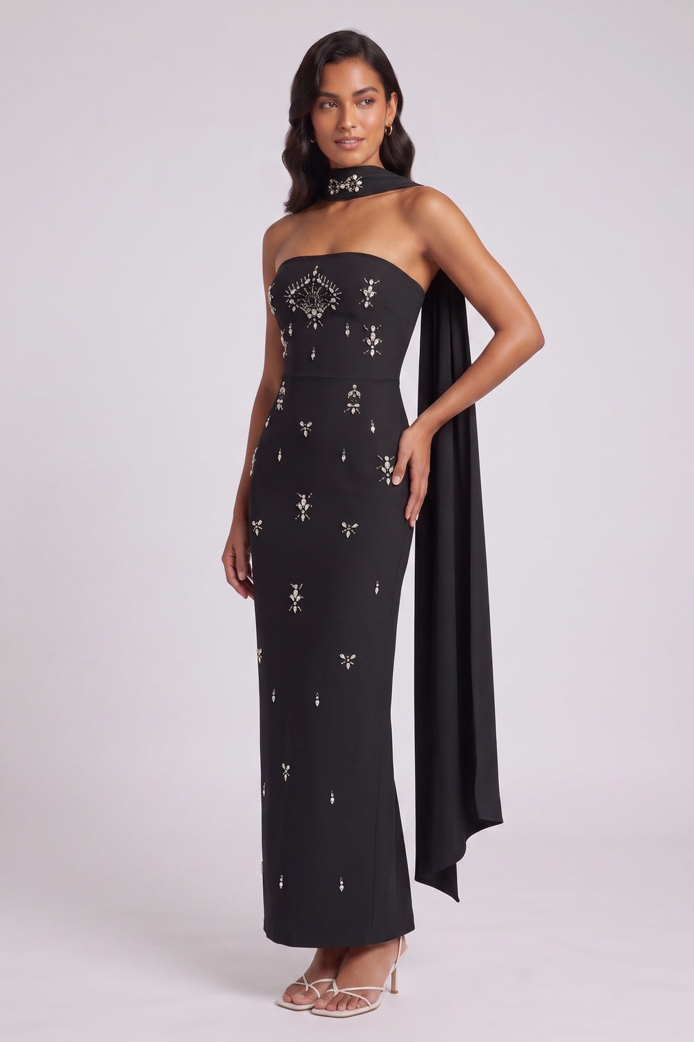 aa90e9531ff57749 BLACK CAPE COLUMN MAXI DRESS SILVER EMBELLISHED EVENING