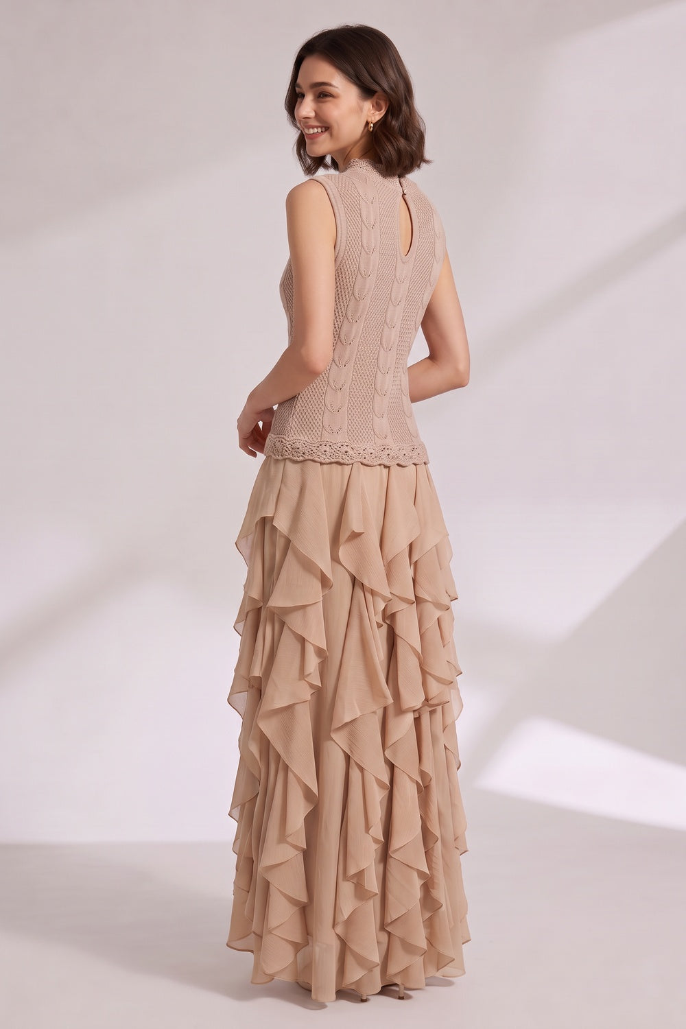 ab9190a2547cf5b5 BEIGE KNIT FIT & FLARE MAXI DRESS - RUFFLE TIER