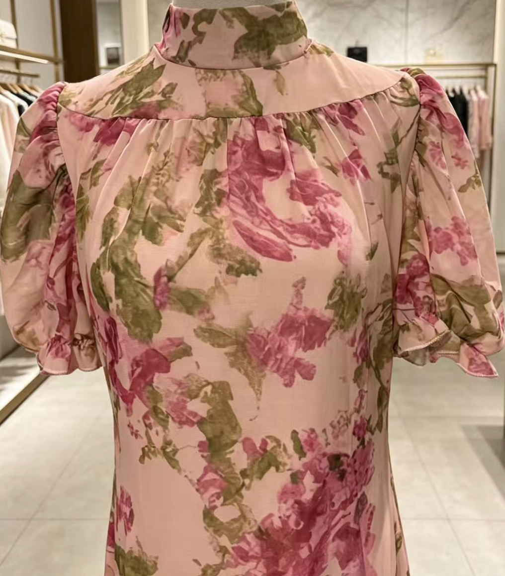 abc6624838fec180905a84901e5529e0 BEIGE FLORAL CHIFFON MERMAID DRESS | PUFF SLEEVE WEDDING GUEST