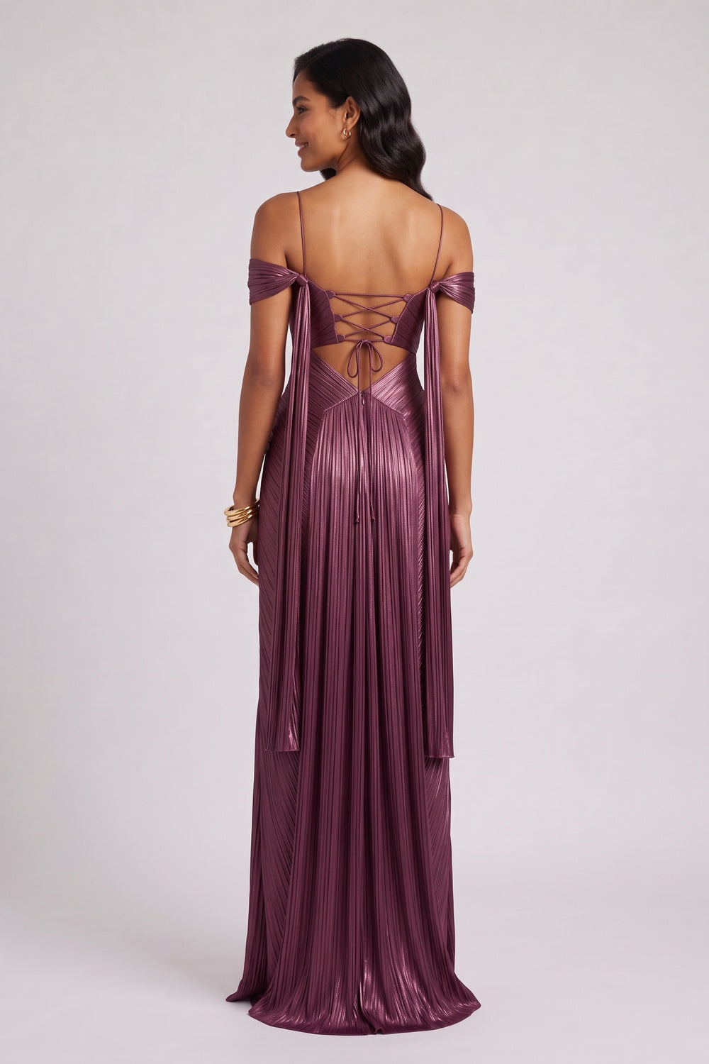 PLUM SATIN PLEATED COLUMN EVENING GOWN