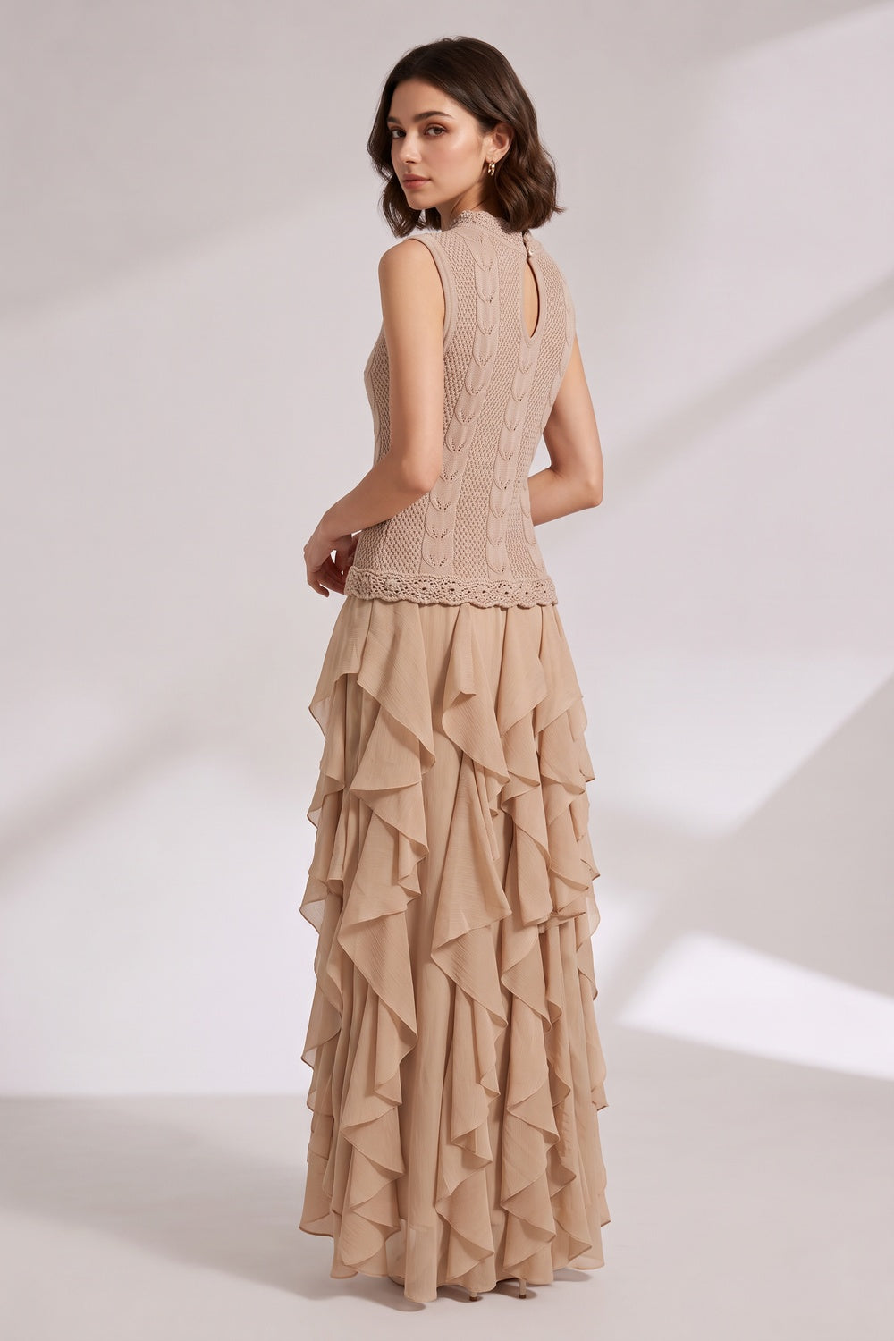 acd85c02558bd440 BEIGE KNIT FIT & FLARE MAXI DRESS - RUFFLE TIER