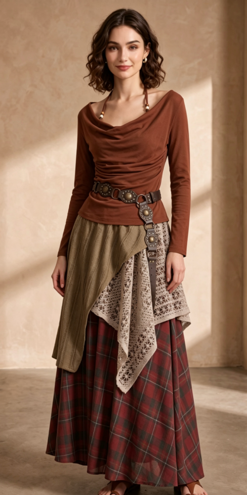 ad19fec12a28e64fbf0131a135a37454 RUST FLARED SKIRT TWO-PIECE SET – FITTED JERSEY TOP