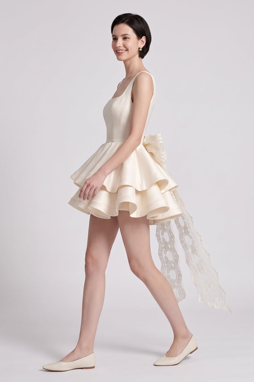 CREAM SATIN FIT-AND-FLARE MINI DRESS – RUFFLE PARTY