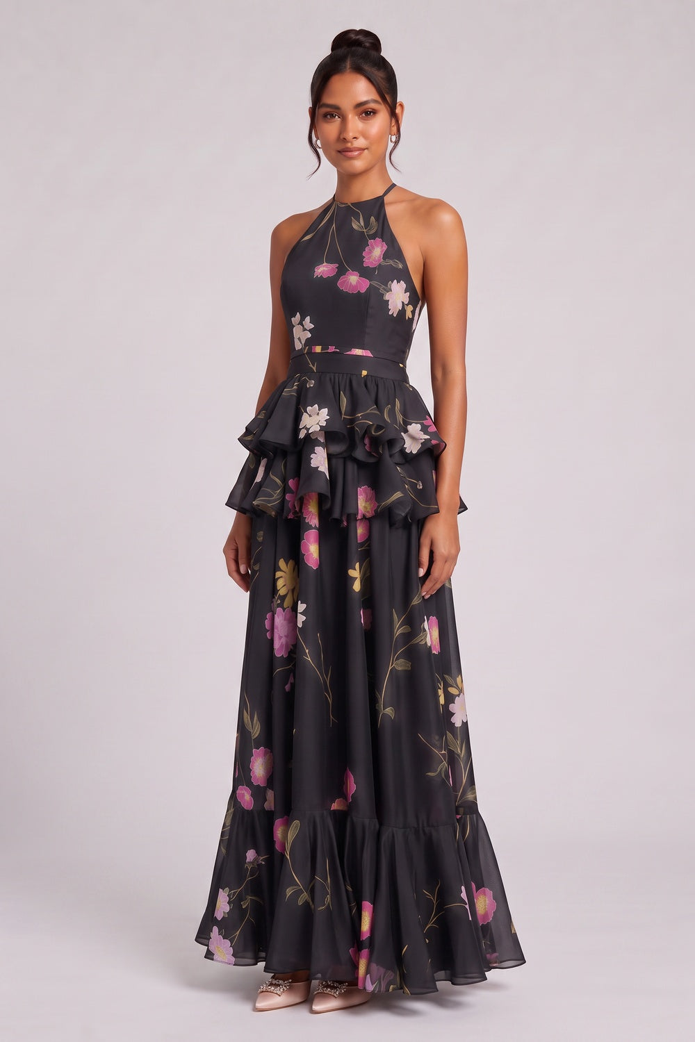 aeedcba9b1c00308 BLACK CHIFFON A-LINE TIERED GOWN FOR FORMAL EVENING