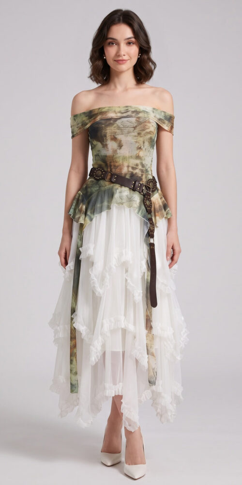 af07cb09b708b943 OLIVE A-LINE OFF-SHOULDER RUFFLE DRESS - WEDDING GUEST