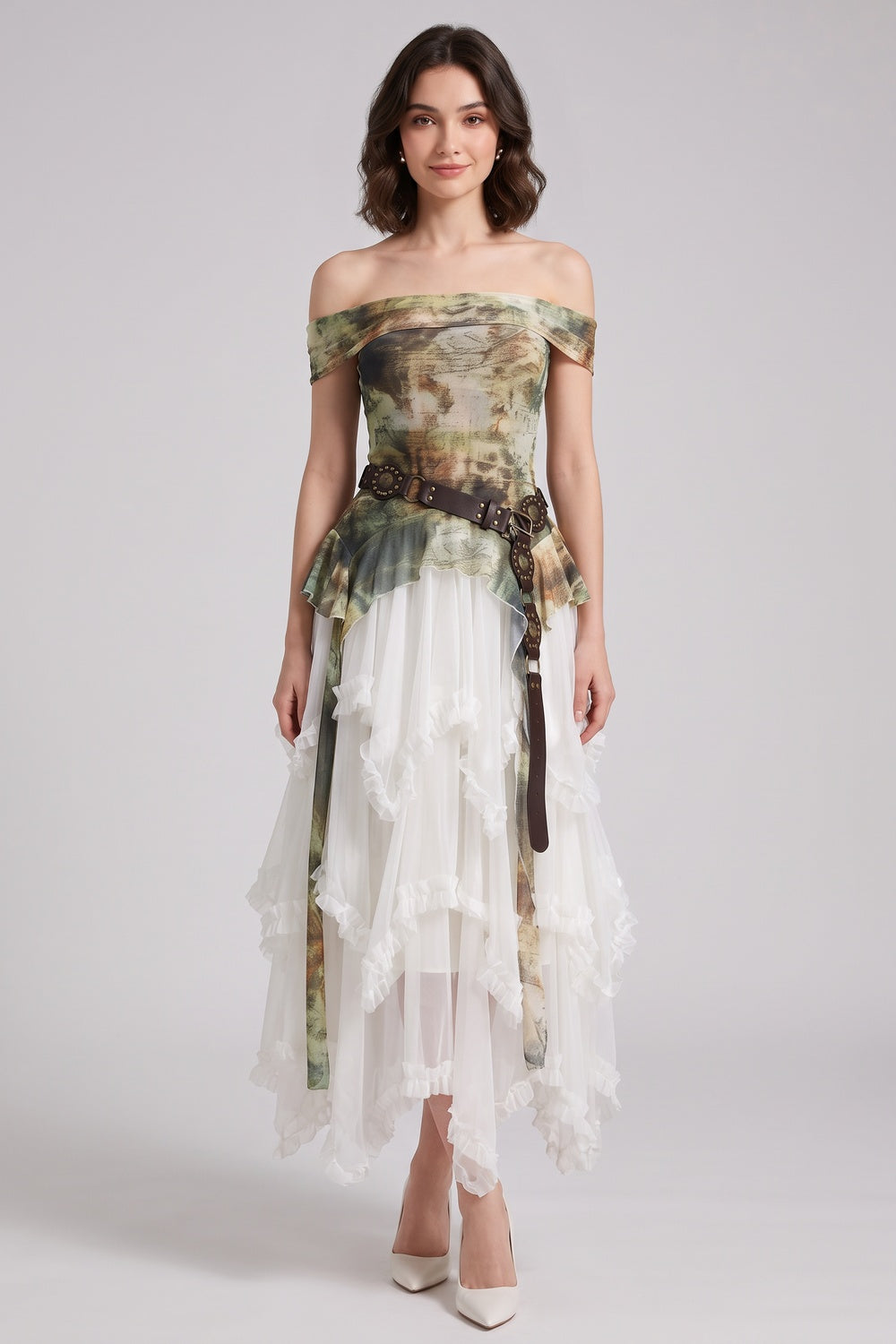 af07cb09b708b943 OLIVE A-LINE OFF-SHOULDER RUFFLE DRESS - WEDDING GUEST