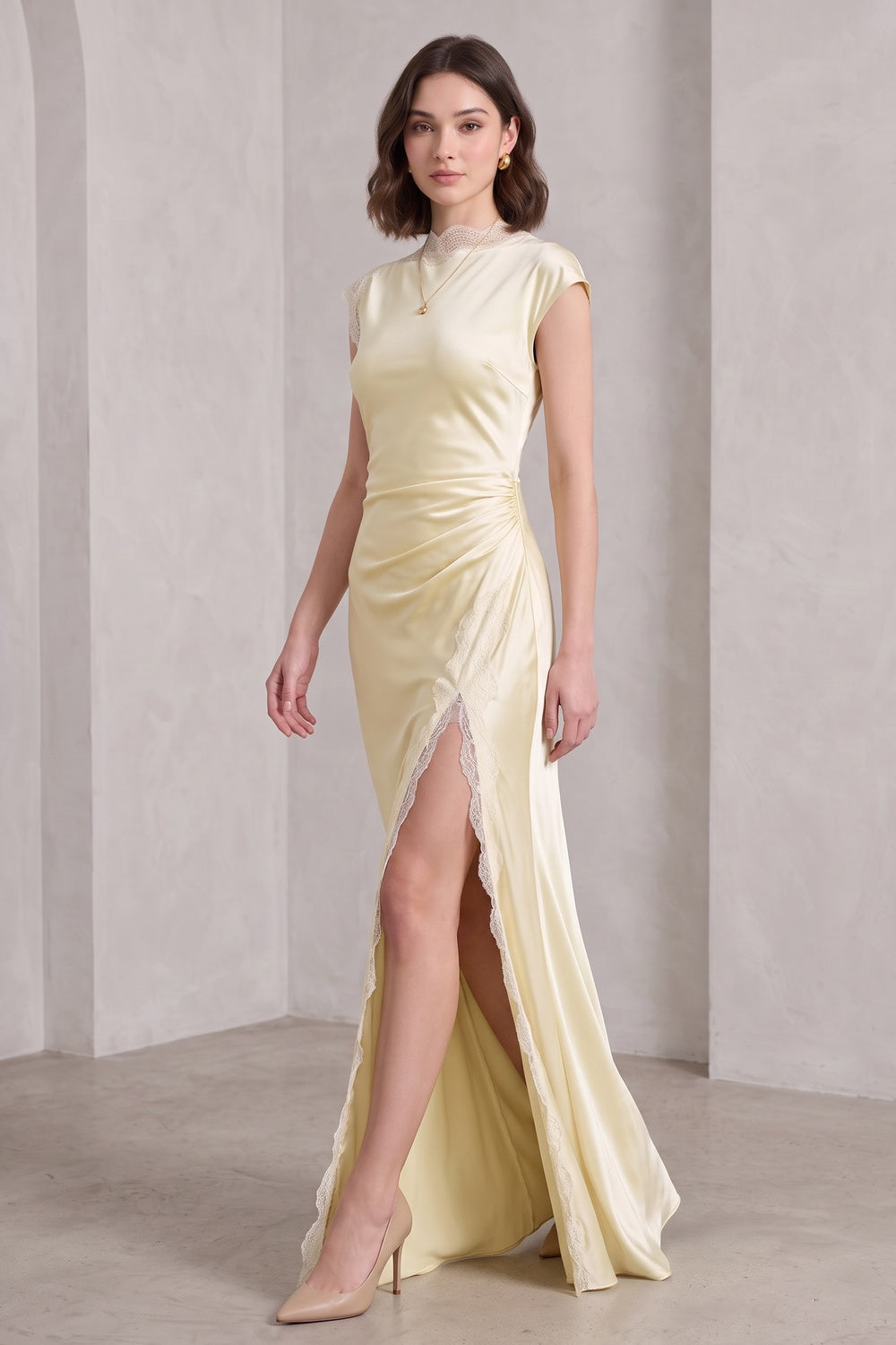af410e5548368fa4 PALE YELLOW SATIN COLUMN GOWN LACE FORMAL