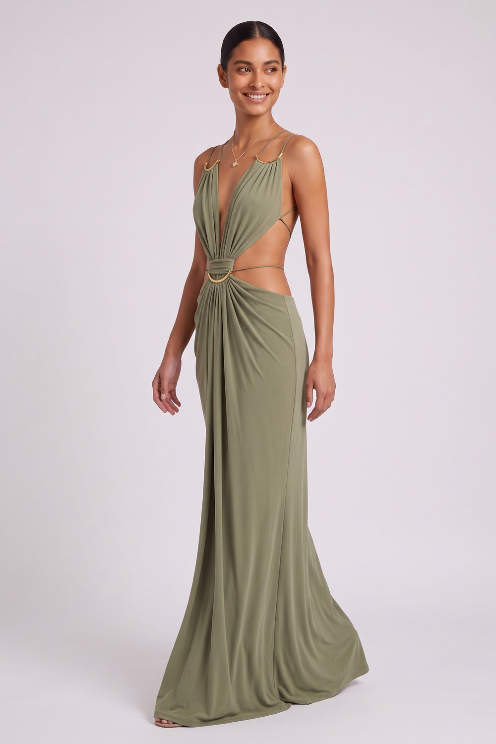 af8087e99a559221 OLIVE GREEN JERSEY COLUMN DRESS WITH CUTOUTS