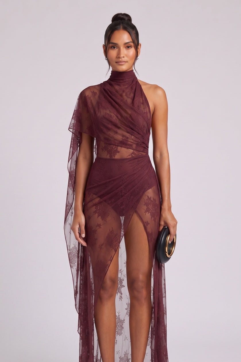 afa5bff63e6c904b BURGUNDY SHEER LACE ASYMMETRIC COLUMN EVENING GOWN