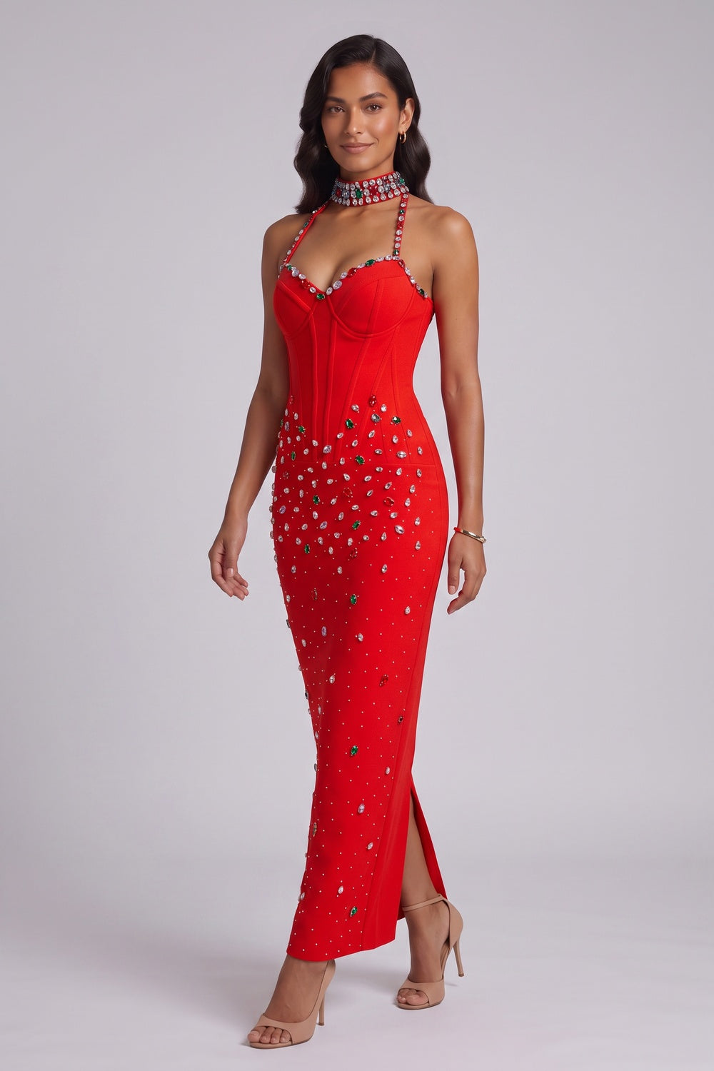 b05d3732d2848e0a RED HALTER SHEATH DRESS – EMBELLISHED COCKTAIL