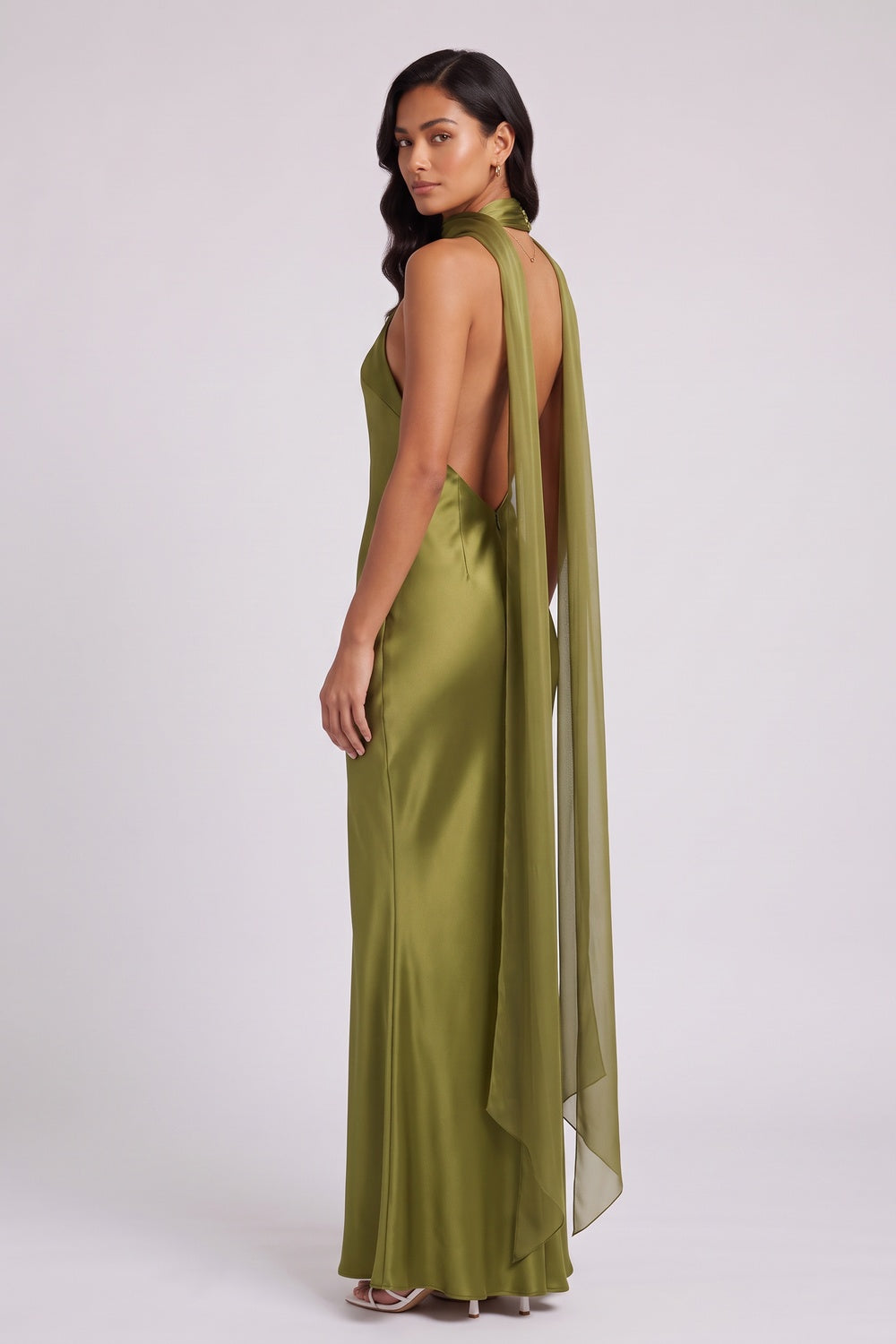 OLIVE SATIN COLUMN EVENING GOWN – FORMAL