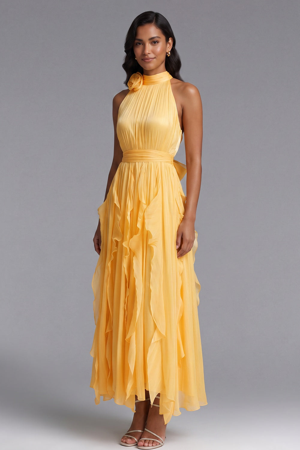 YELLOW CHIFFON HALTER A-LINE MAXI DRESS