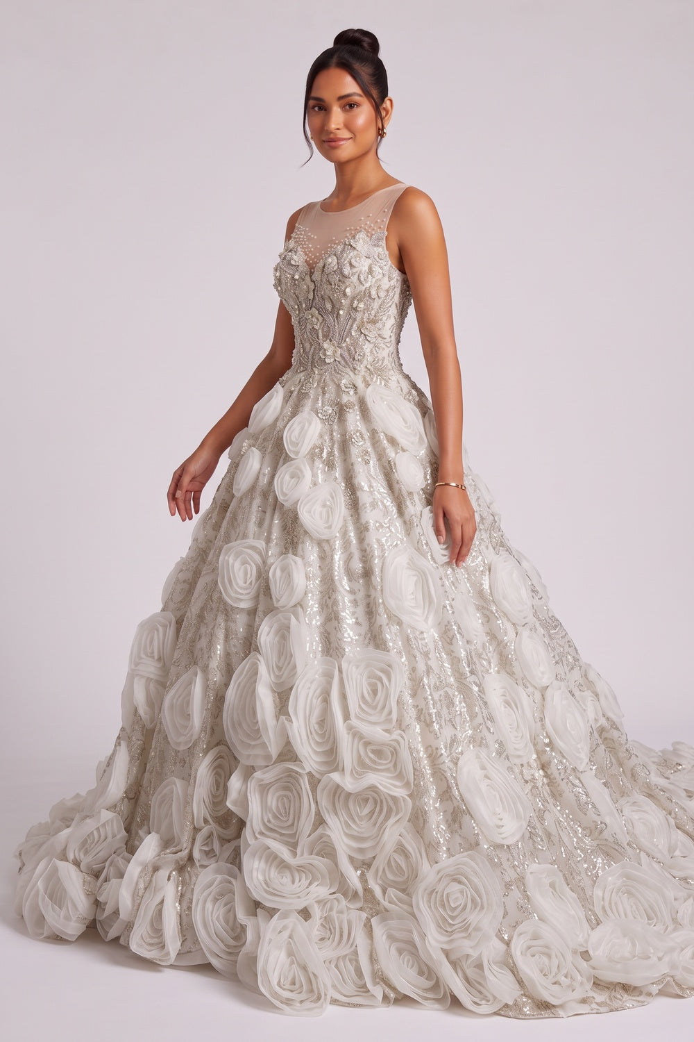 CHAMPAGNE ORGANZA BALLGOWN PROM DRESS 3D FLORAL