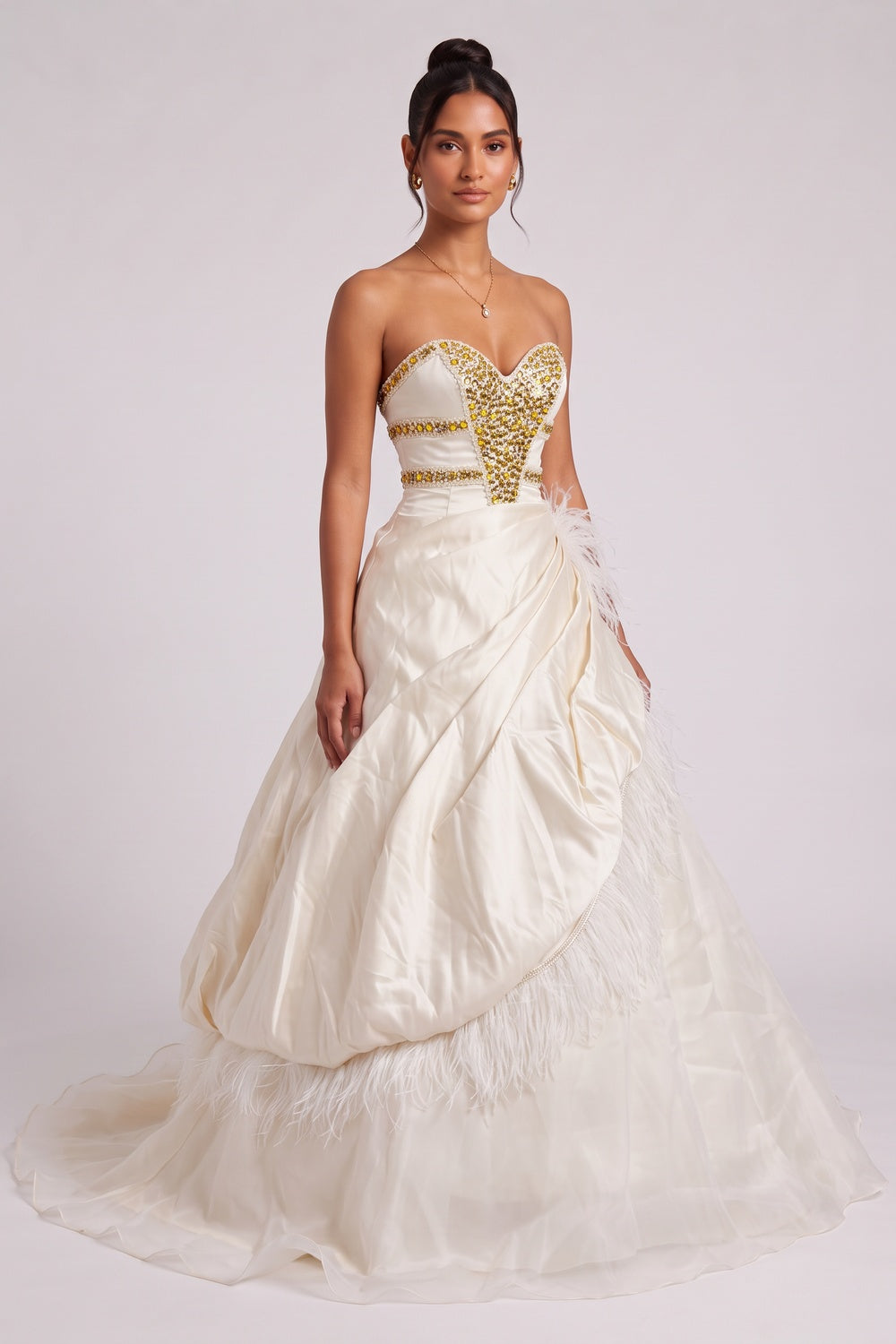 b2998e4fd2670e64 CREAM SATIN BALL GOWN RHINESTONE FEATHER PROM