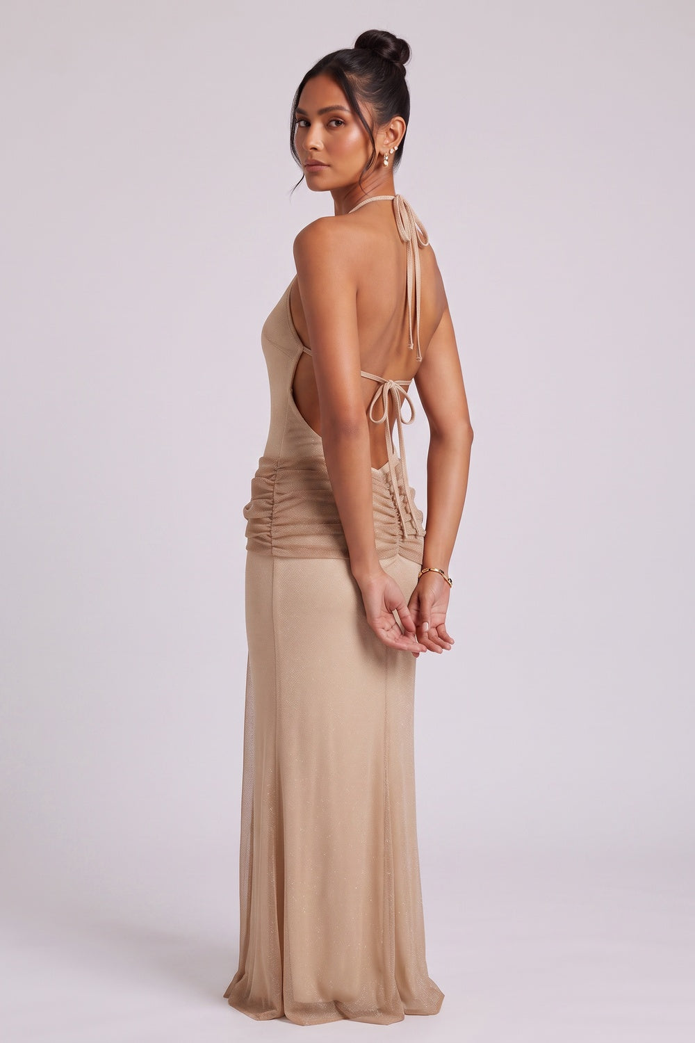 b2e3f8d5a7d14b1f BEIGE STRETCH KNIT COLUMN EVENING GOWN
