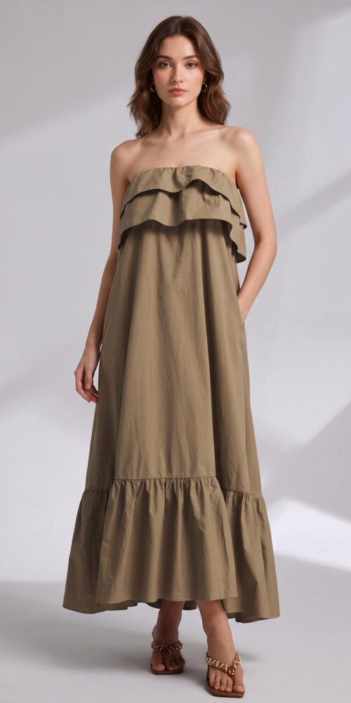 b355b579590ddd3c KHAKI BROWN COTTON A-LINE TENT DRESS CASUAL