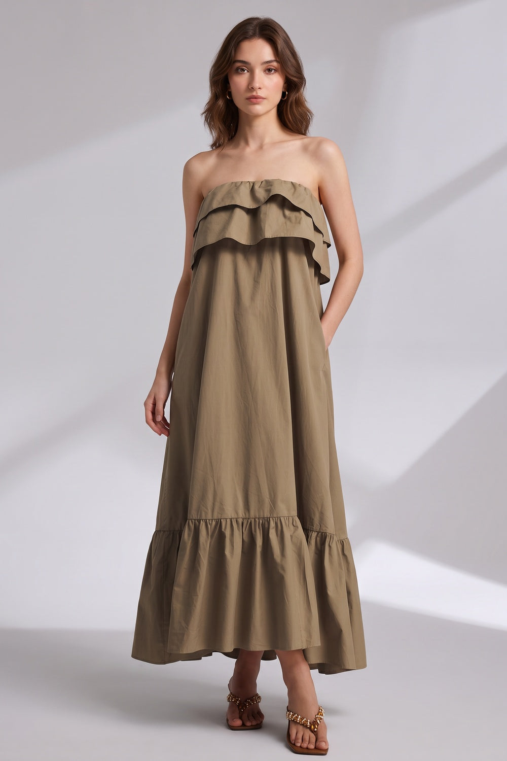 b355b579590ddd3c KHAKI BROWN COTTON A-LINE TENT DRESS CASUAL