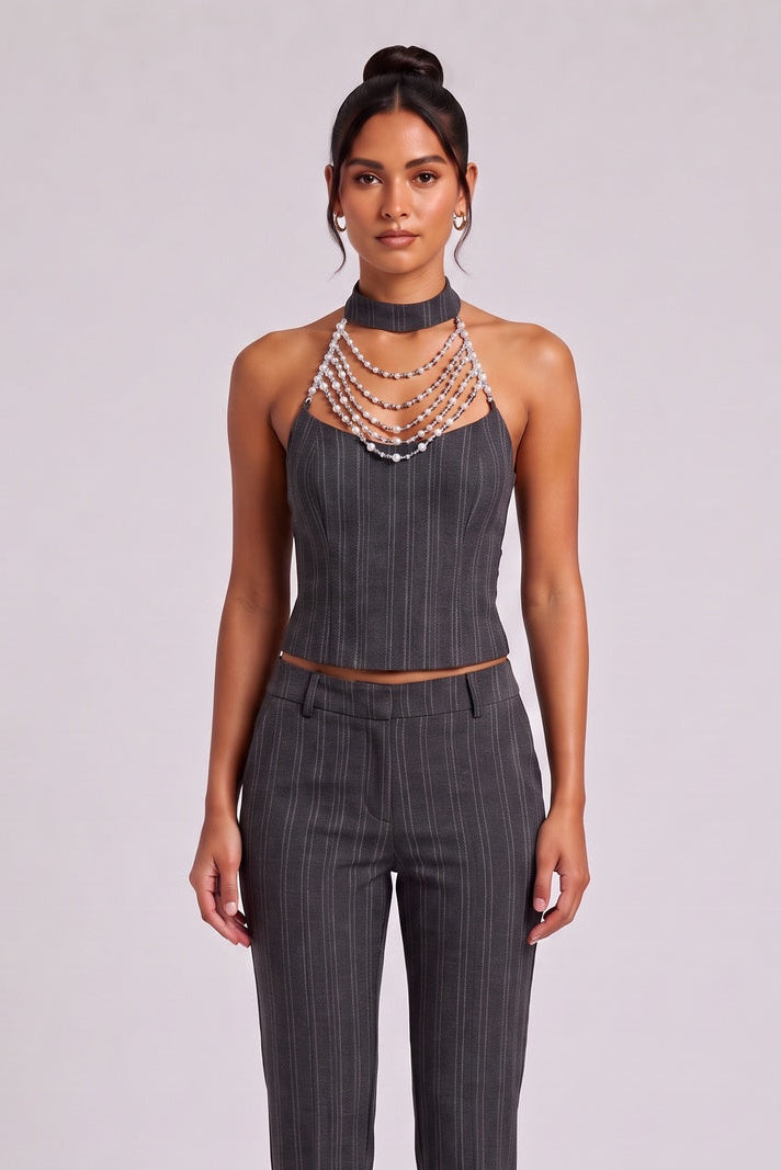 DARK GREY PINSTRIPE HALTER CORSET TOP - PARTY