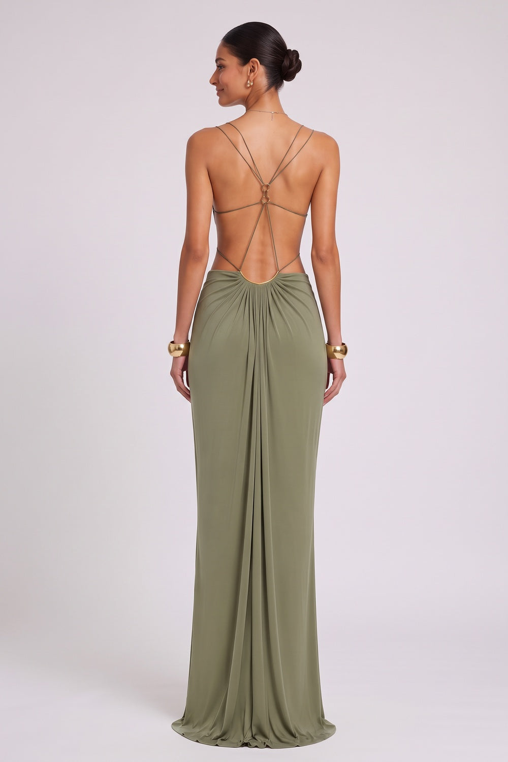 b3fcbac889b8c519 OLIVE GREEN JERSEY COLUMN DRESS WITH CUTOUTS