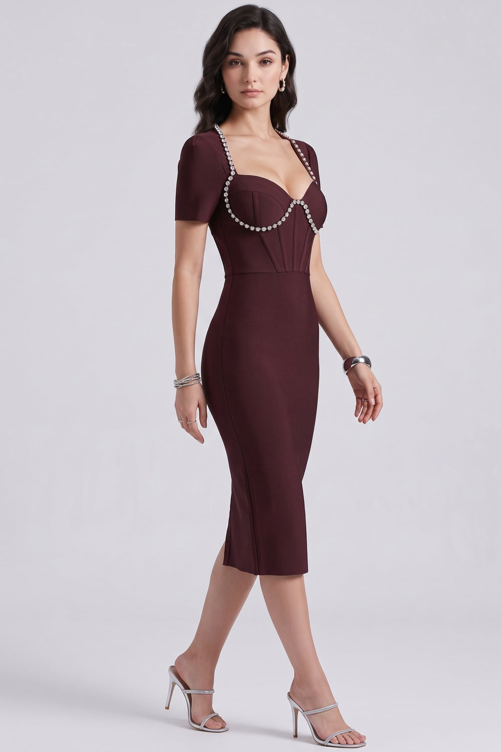 BURGUNDY BANDAGE BODYCON SHEATH DRESS