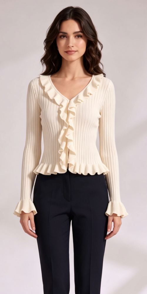 b5184a0ec377b3d060f50f8effeda1fb CREAM RIBBED KNIT FITTED CARDIGAN