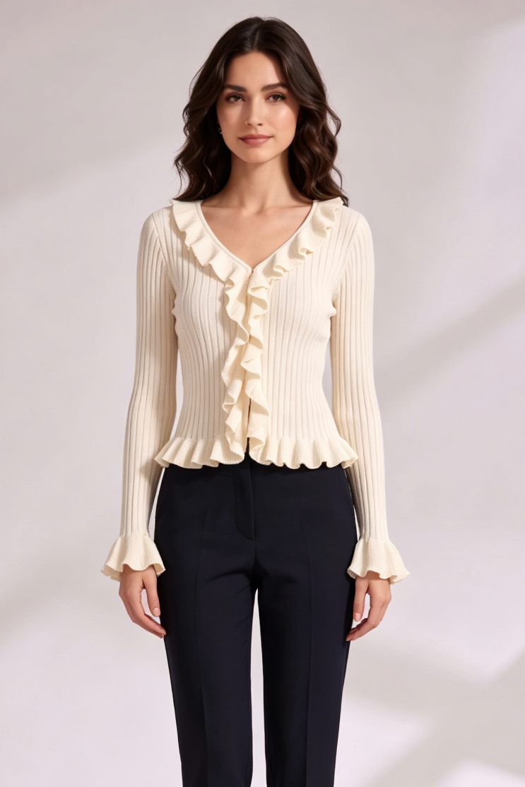 b5184a0ec377b3d060f50f8effeda1fb CREAM RIBBED KNIT FITTED CARDIGAN