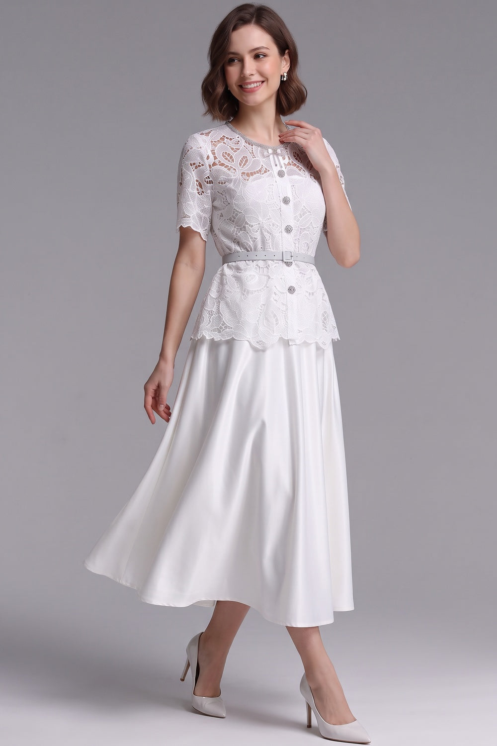 WHITE LACE A-LINE TWO-PIECE MIDI DRESS