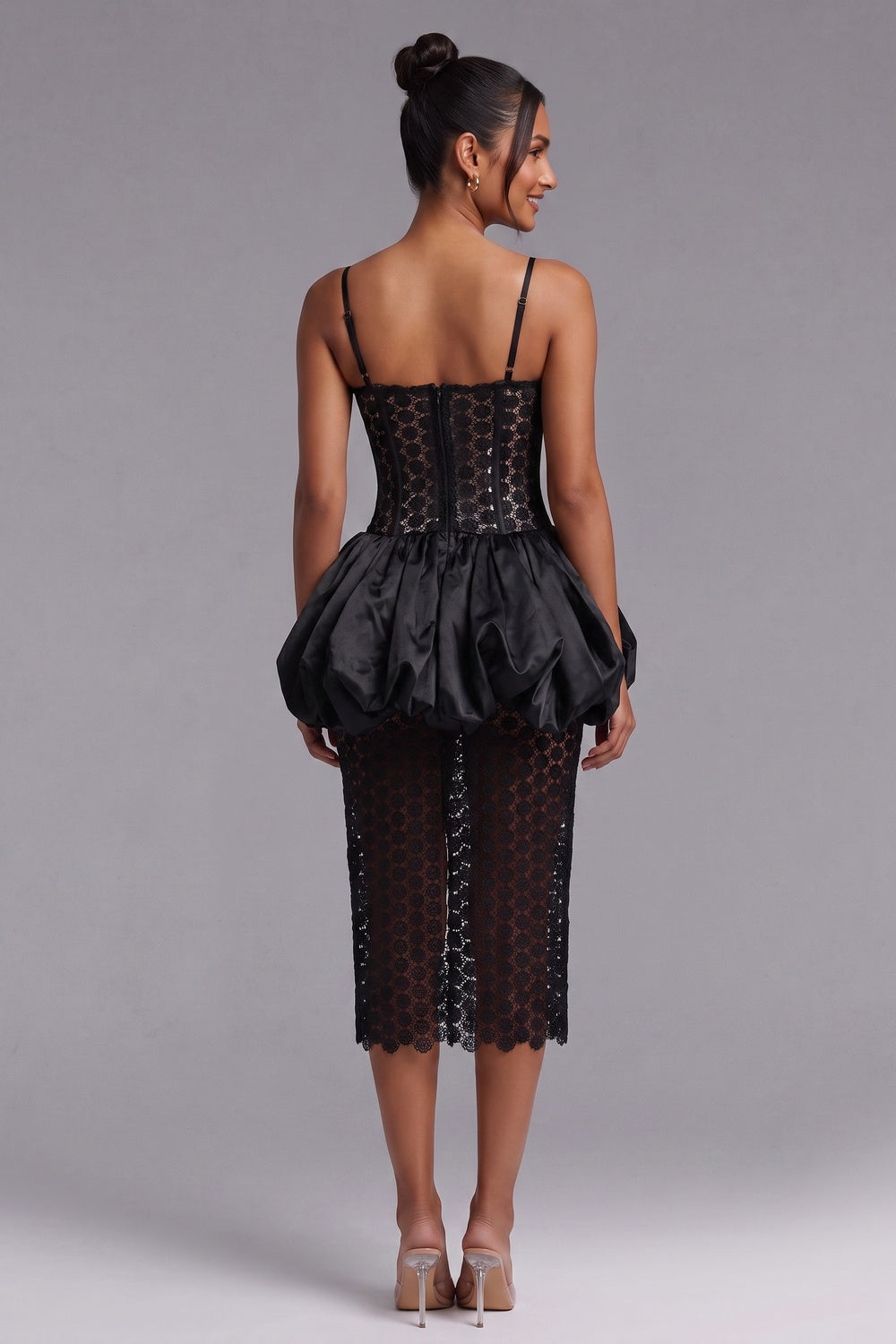 b578a95dd7b40380 BLACK SATIN CORSET BUBBLE HEM MIDI DRESS
