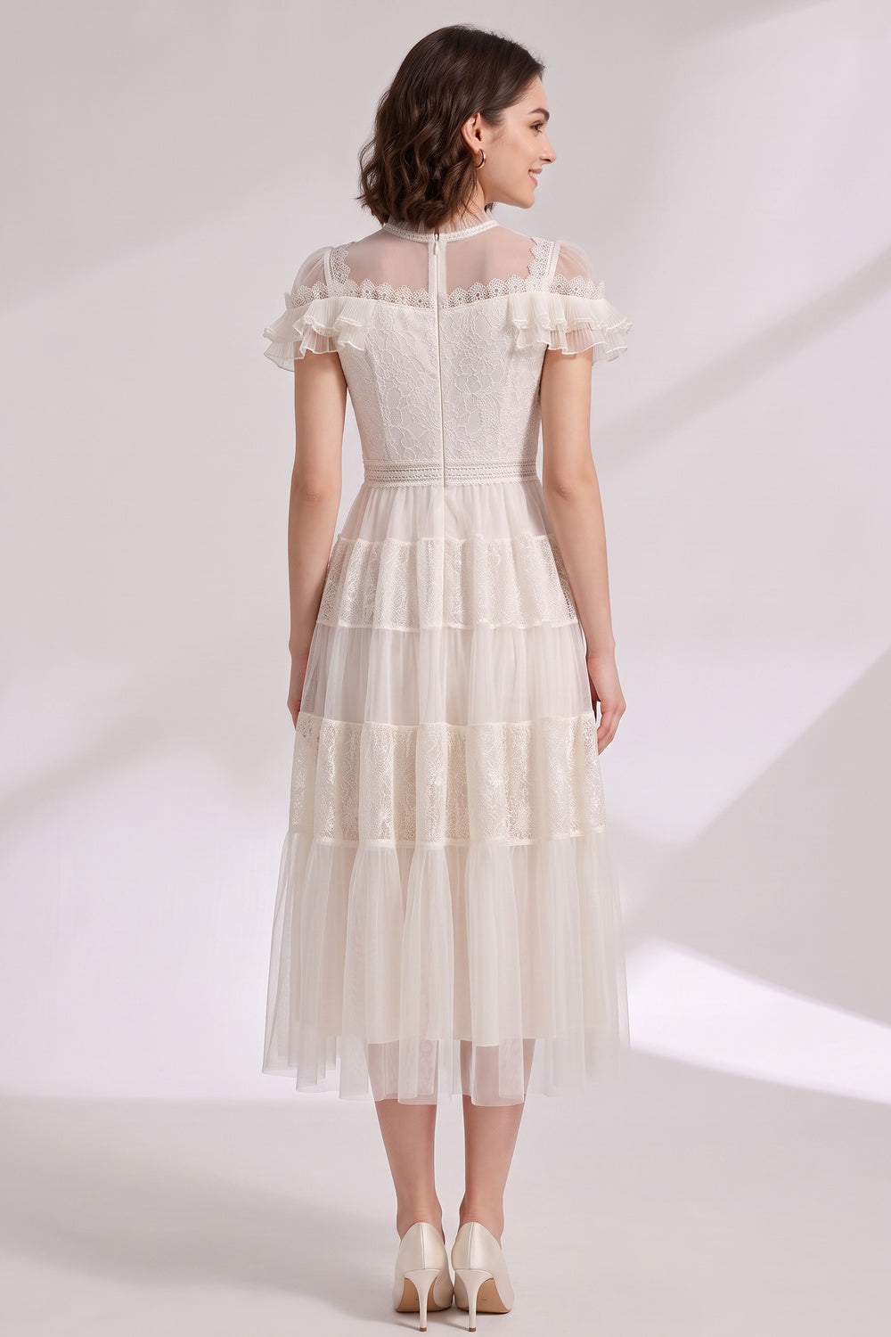 b5d9e935307ba03a IVORY LACE TULLE FIT-AND-FLARE A-LINE MIDI DRESS