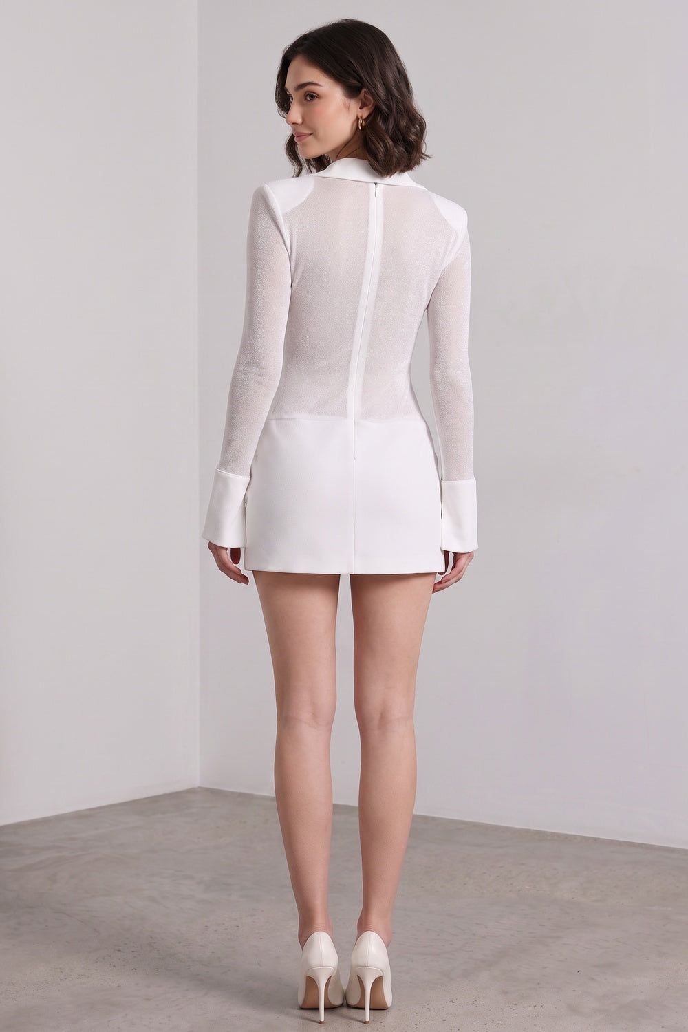 WHITE BODYCON WRAP MINI DRESS – SEMI-SHEER KNIT COCKTAIL