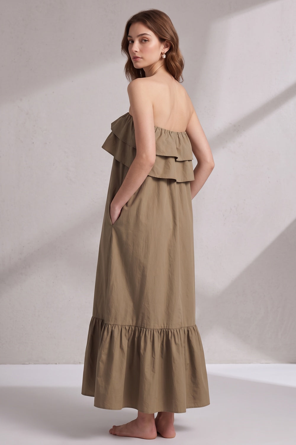 b6f7638c7d8aa286 KHAKI BROWN COTTON A-LINE TENT DRESS CASUAL