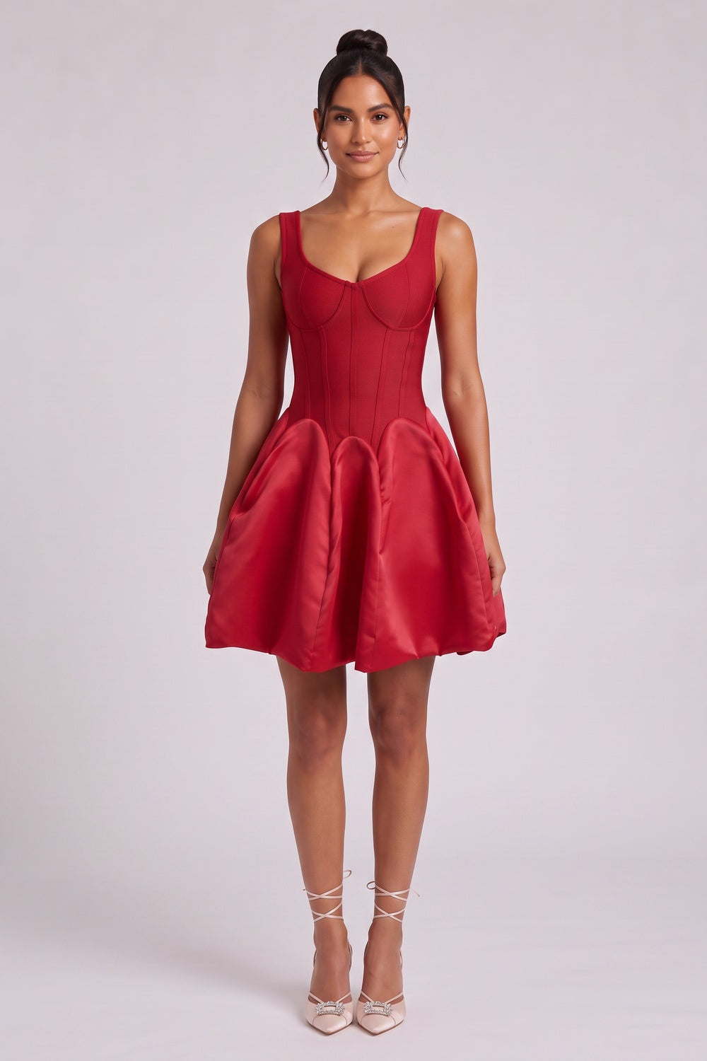 b7787a3e9f516a93 RED SATIN FIT-AND-FLARE MINI DRESS