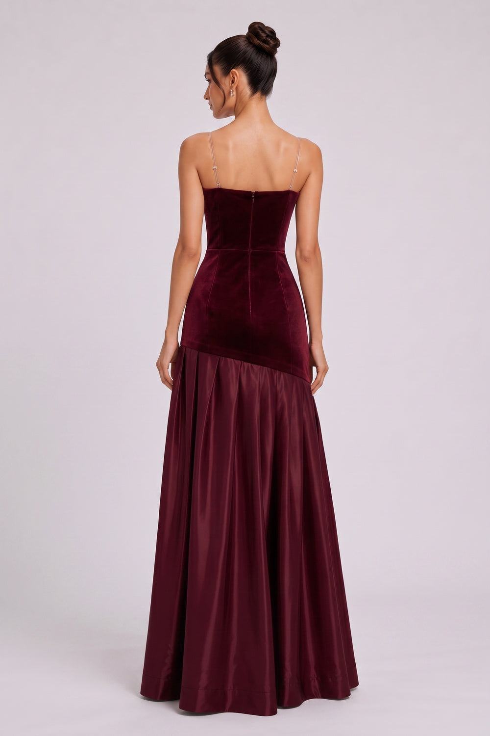 BURGUNDY VELVET ASYMMETRIC A-LINE GOWN – FORMAL