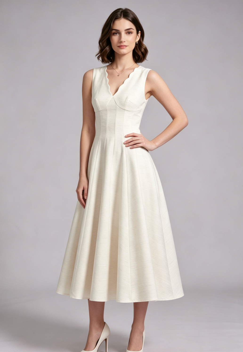 b84c61550c36b068fac84d5c5c25dbc7 IVORY TEXTURED A-LINE MIDI DRESS WEDDING GUEST