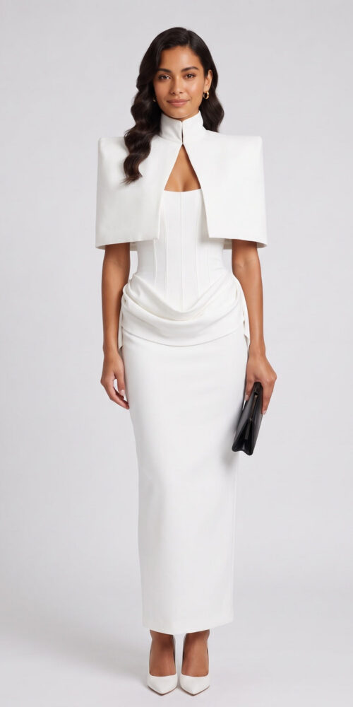 b906033574907775 WHITE CREPE COLUMN TWO-PIECE GOWN ARCHITECTURAL SHOULDERS