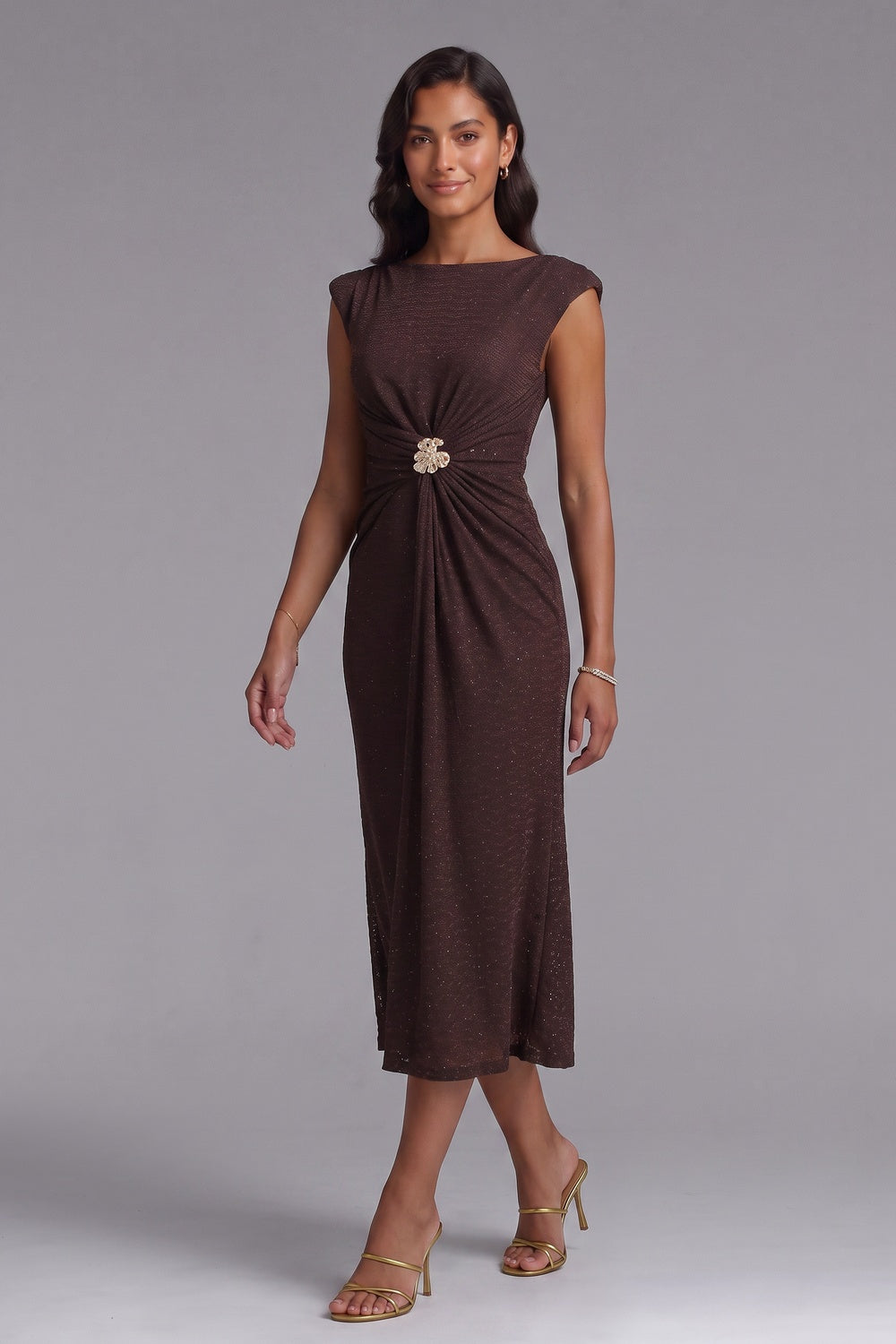 ba2d273ea3ded095 BROWN KNIT SHEATH DRESS WITH BROOCH – OFFICE TO EVENING