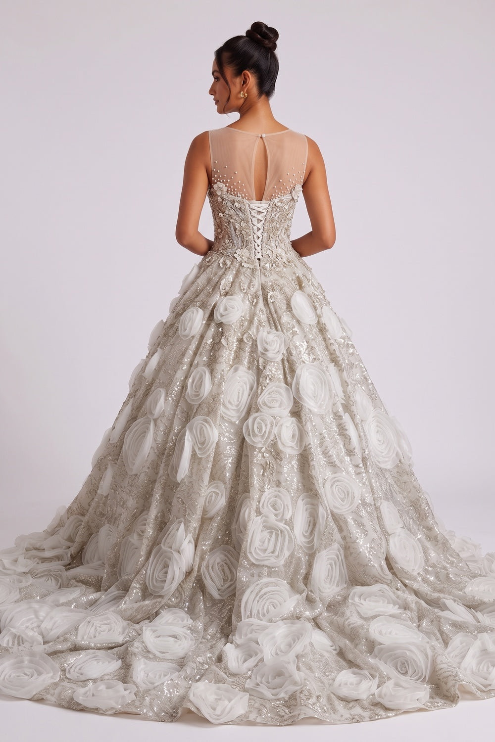 CHAMPAGNE ORGANZA BALLGOWN PROM DRESS 3D FLORAL