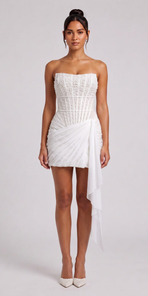 WHITE CORSET MINI DRESS – FITTED CREPE PARTY STYLE