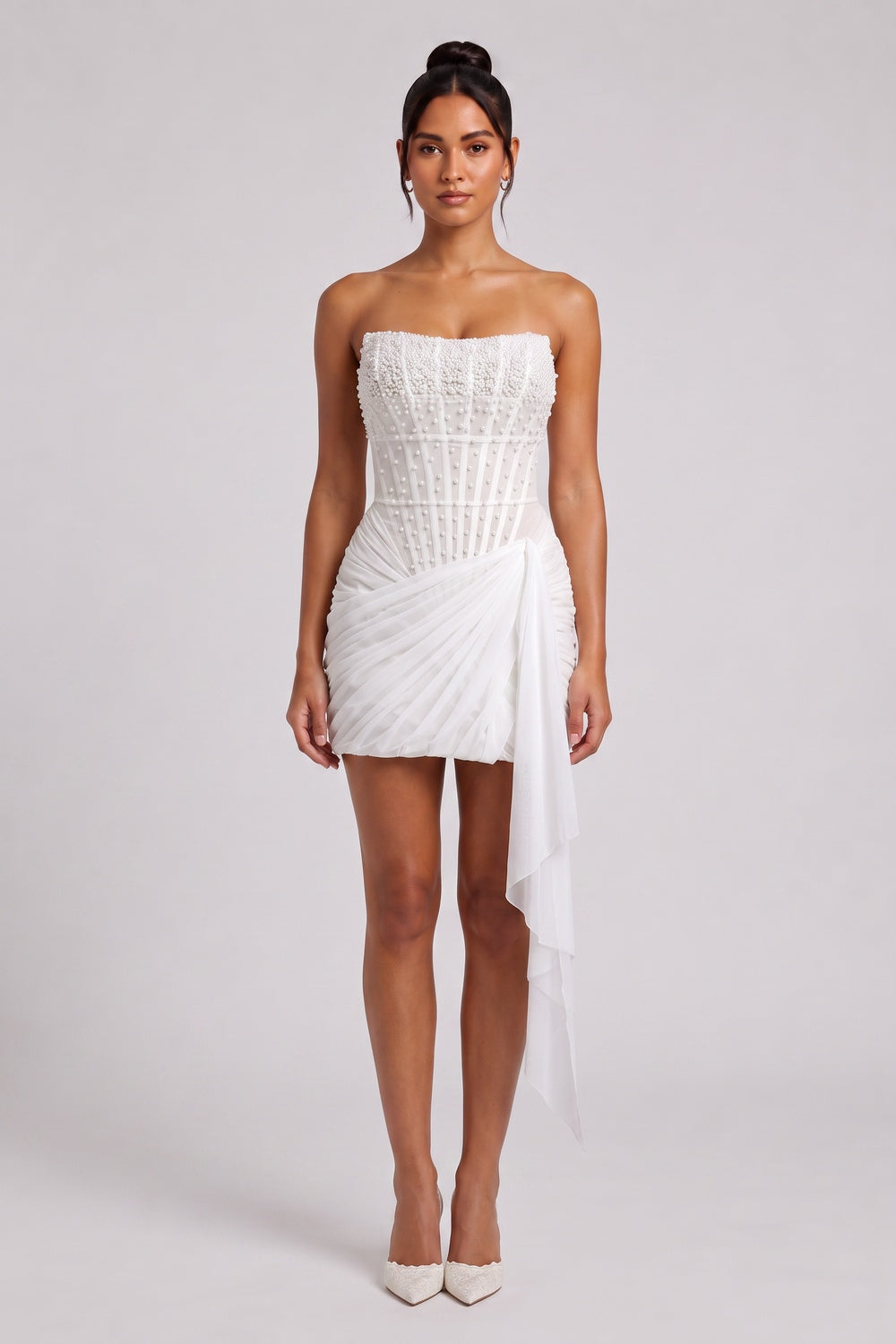 WHITE CORSET MINI DRESS – FITTED CREPE PARTY STYLE