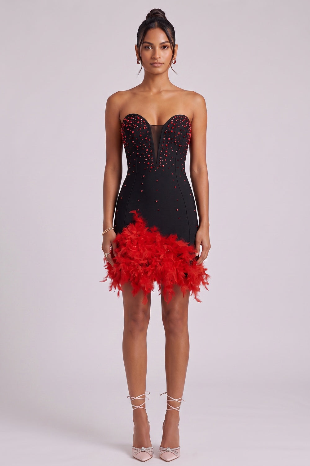 be2b6998b67fc681 BLACK FEATHER TRIM BODYCON MINI DRESS – PARTY