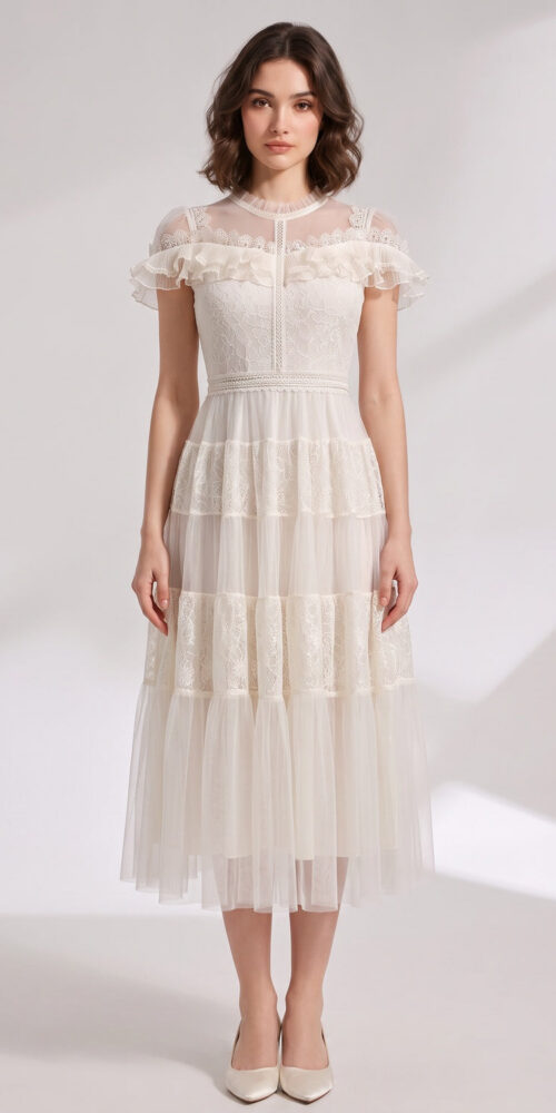 bf324ffe73b83015 IVORY LACE TULLE FIT-AND-FLARE A-LINE MIDI DRESS