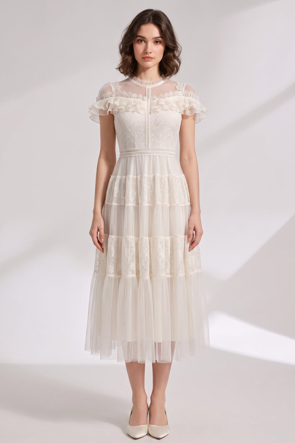 bf324ffe73b83015 IVORY LACE TULLE FIT-AND-FLARE A-LINE MIDI DRESS