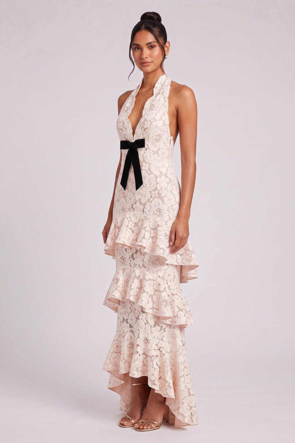 PINK FLORAL LACE HALTER MAXI GOWN – WEDDING GUEST