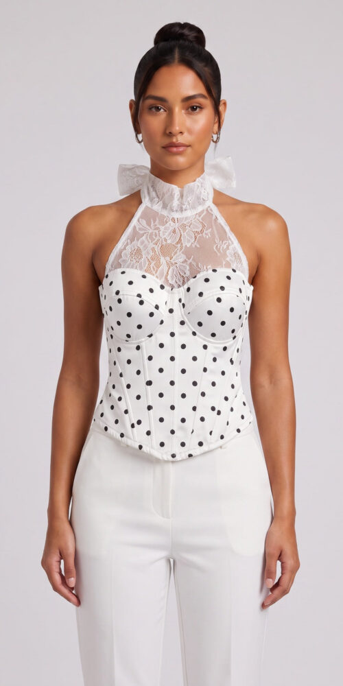c0977a9c3aadc2e4 WHITE POLKA DOT LACE HALTER CORSET TOP