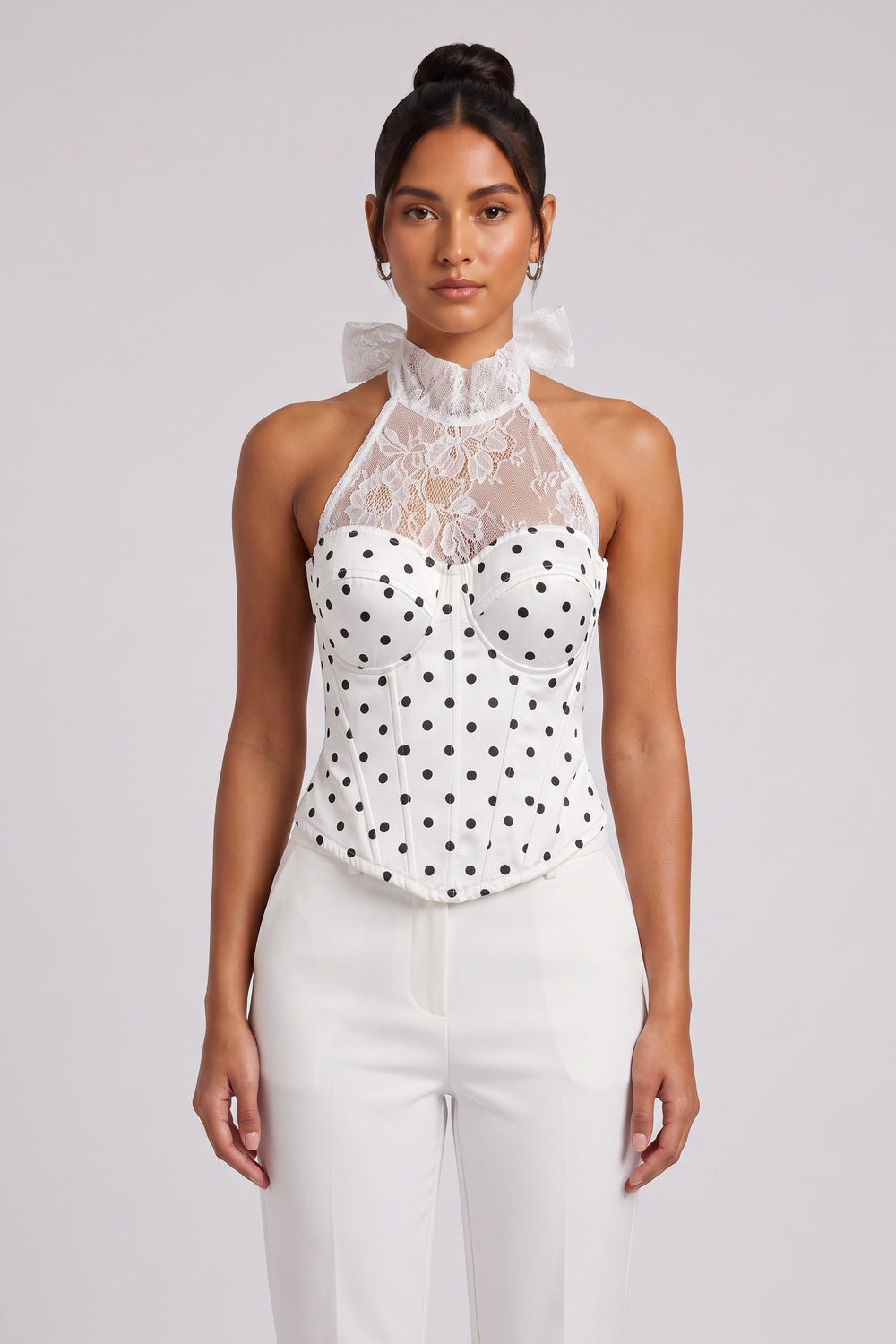 c0977a9c3aadc2e4 WHITE POLKA DOT LACE HALTER CORSET TOP