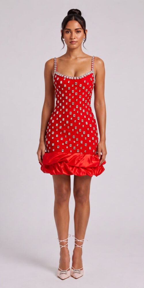 c1f26e4a9df607ea RED CREPE BODYCON BUBBLE HEM COCKTAIL DRESS