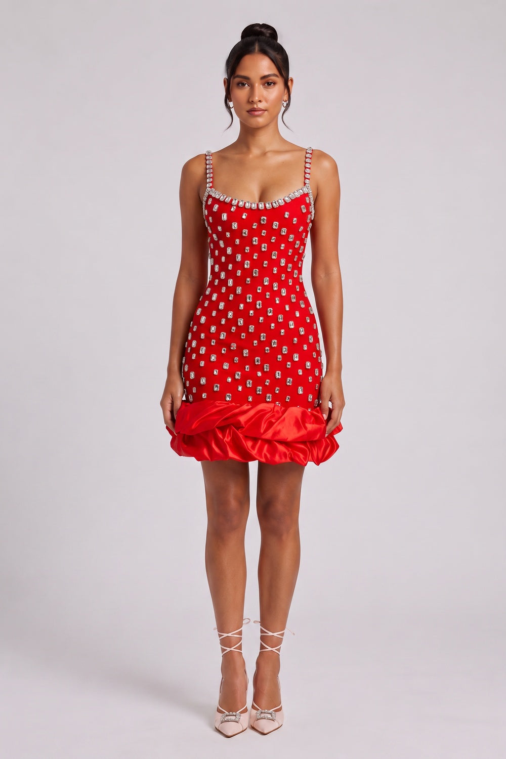 RED CREPE BODYCON BUBBLE HEM COCKTAIL DRESS