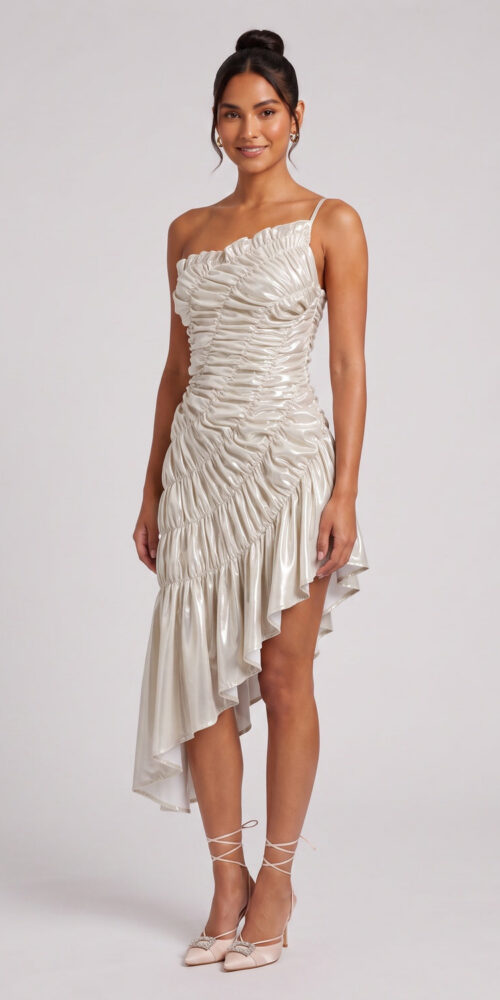 c56e7ce5f21ca174 CHAMPAGNE GOLD RUCHED ASYMMETRIC COCKTAIL DRESS