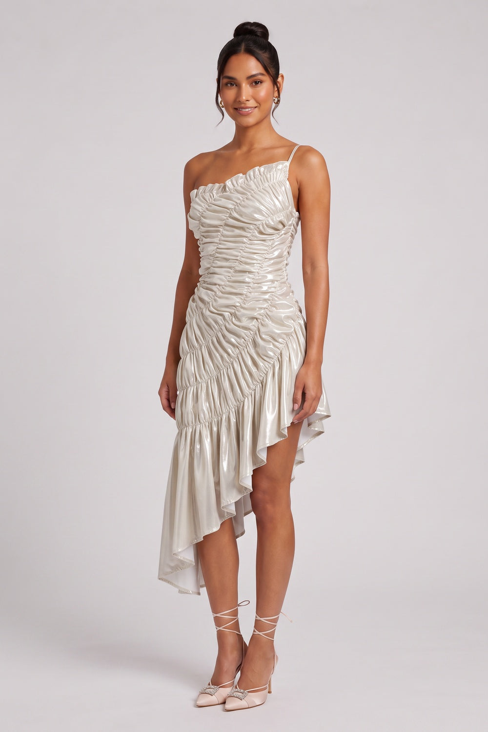 c56e7ce5f21ca174 CHAMPAGNE GOLD RUCHED ASYMMETRIC COCKTAIL DRESS